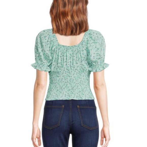 No Boundaries Juniors Print Ruffle Peasant Top with Short Sleeves - Picture 3 of 7